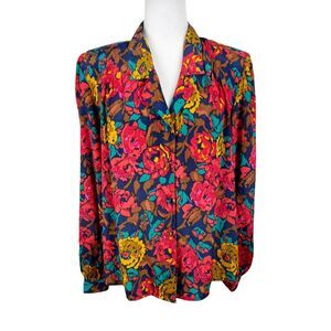 Vintage Hunts Point Blouse Women 14 Blue Floral Button Up Collared Long Sleeve